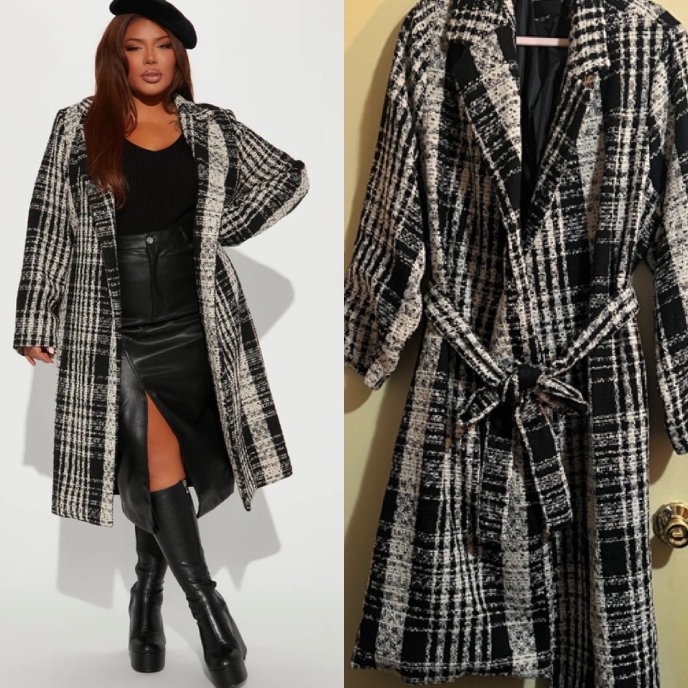 Fashion Nova Plaid Black & White Belted Trench Coat